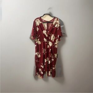 SHEIN Curve Burgundy Floral Tropical Spring/Summer Wrap Midi Ruffle Dress 3X
